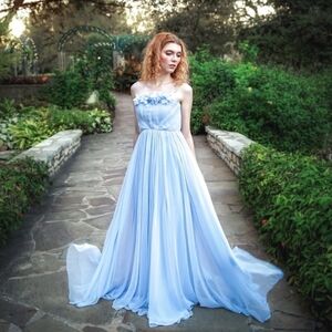 Women's SHELL N Pleated Flower Neck Line Maxi Dress Blue SP handmade princess